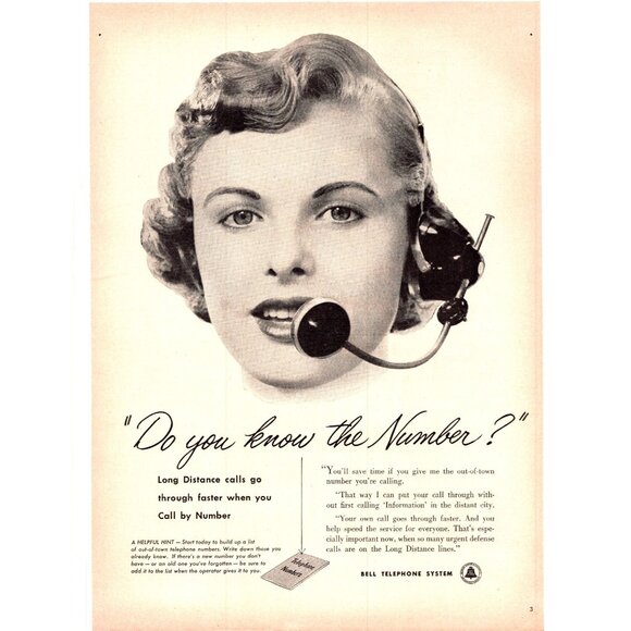 1952 Bell Telephone System Long Distance Operator Vintage Print Ad 50s Wall Art